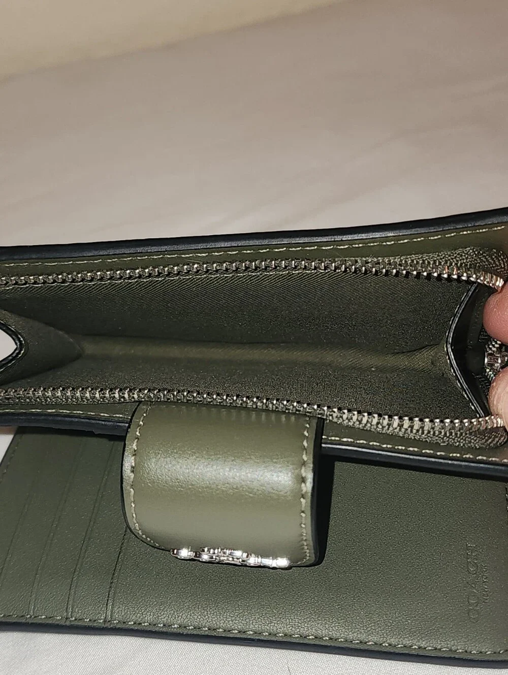 Coach Medium Corner Zip Wallet in Signature Canvas with Sage Leather Trim
